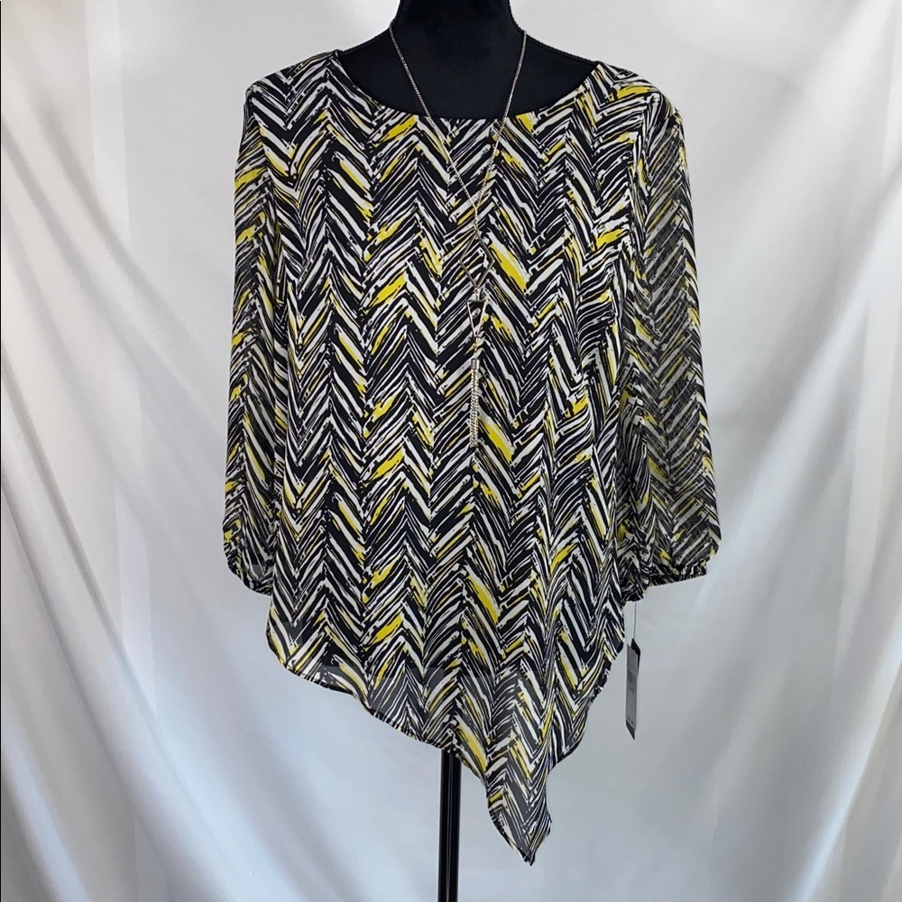 AGB Asymmetrical Blouse Layered With Attached Necklace Yellow/Black/White Large